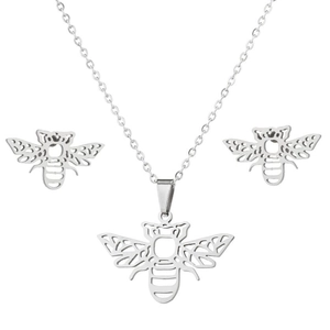 Parure de bijoux abeille origami évidée avec collier et boucles d'oreilles en acier argent