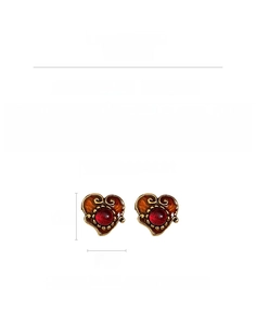 Detailed view of vintage heart earrings with resin material and red yellow color block