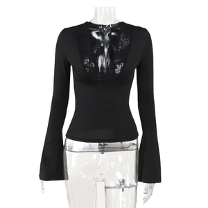 Slim fit black long sleeve top for women with sexy lace deep V-neck and flared sleeves