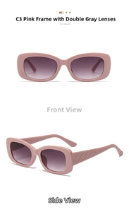 Detail of pink retro rectangle sunglasses featuring woven textured temples and grey lenses