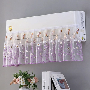 Detail of white lace air conditioner cover with purple floral and gold butterfly embroidery