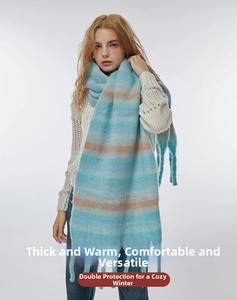 Detailed close-up of thick striped knit scarf featuring long tassels and soft mohair texture