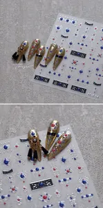Macro detail of M-854 3D embossed nail stickers with gold and blue royal motifs