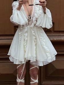 V Neck Ruffle Mini Dress Lace Up Long Sleeve Polyester Spandex Chiffon Flare Cuff Boho Retro Sexy Women A Line