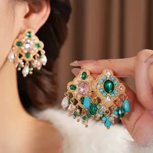 Vintage geometric rhombus earrings with pearls and colorful crystals on gold base