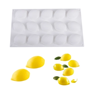 Macro detail of 15-cavity silicone lemon mold and finished yellow lemon-shaped desserts