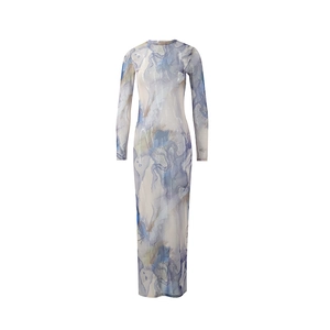 Robe longue moulante à manches longues avec imprimé marbré bleu sur tissu blanc cassé