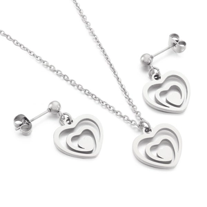 Modern hollow heart-in-heart necklace and studs earring set in polished silver steel