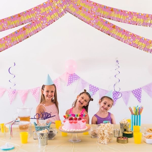 Pink Happy Birthday banner decoration set for party backdrop with fringe curtain