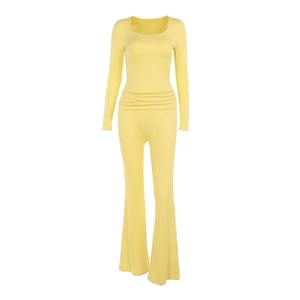 Women casual light yellow slim fit set with square neck top and flared trousers