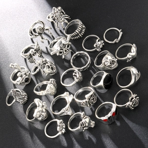 Macro shot of vintage silver punk rings featuring skull, spider, and evil eye details