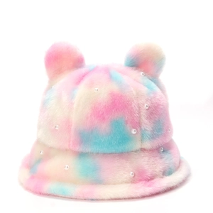 Chapeau Bob En Peluche Fausse Fourrure Arc-En-Ciel Tie-Dye Avec Oreilles D'Ours Et Künstliche Perles Chaud Hiver Pour Femmes