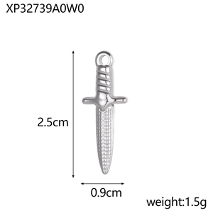 Detail view of 2.5cm stainless steel sword pendant with textured grip and hanging loop