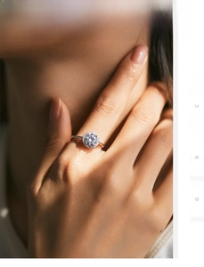 Close-up of s925 silver halo ring with a large round stone on a model's finger