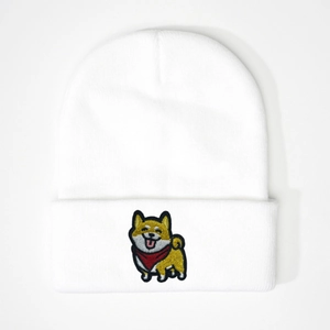 Bonnet blanc en maille avec broderie Shiba Inu, bonnet d'hiver chaud au style épuré
