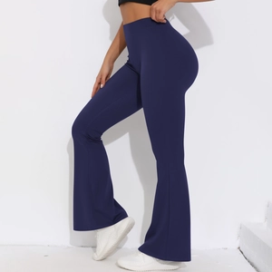 Seitenansicht der dunkelblauen Schlag-Yogahose mit hoher Taille und Stretch-Material