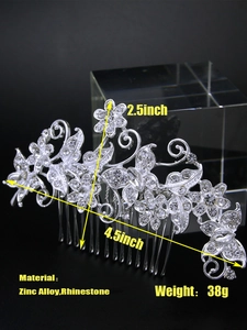 Silver bridal hair comb featuring rhinestone flowers and leaves with sizing specifications
