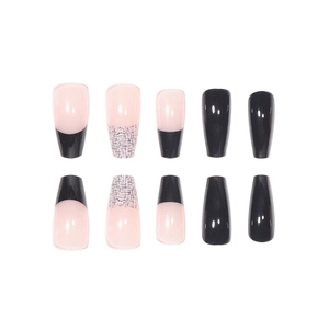 Classic black French ballerina press-on nails with plaid and glossy solid patterns
