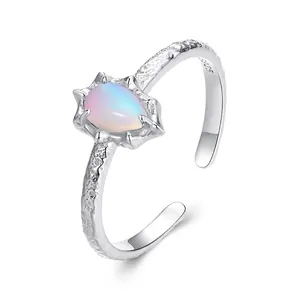 925 Sterling Silver Ring With Waterdrop Synthetic Aurora Opal Adjustable Open Design Hammered Texture Jewelry For Women