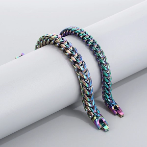 Detail of colorful titanium steel dragon bone chain with iridescent rainbow finish