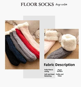 Detail of warm winter floor socks featuring soft knit exterior and thick fleece lining