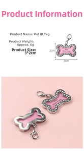 Detail of bone-shaped pet ID tag with mini photo frame and pink rhinestone accents