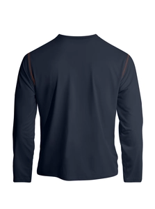 Rear view of long sleeve navy blue Henley shirt in breathable quick-dry fabric