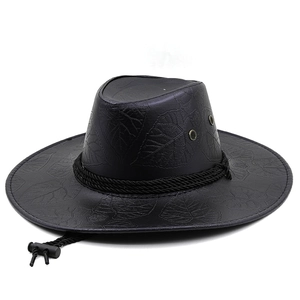 Schwarzer Cowboyhut aus Kunstleder mit Ahornblatt-Prägung und verstellbarem Kinnriemen