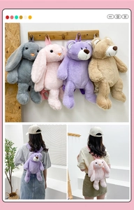 Detail view of plush animal backpacks in rabbit and bear shapes with adjustable straps