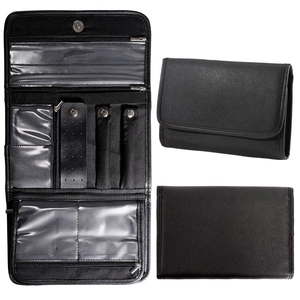 Foldable black jewelry organizer with internal compartments for rings and necklaces