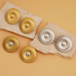316 Stainless Steel French Round Spiral Texture Stud Earrings Waterproof Hypoallergenic Vintage Elegant Jewelry For Women