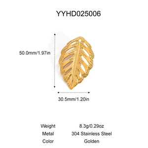 Diagramme détaillé du pendentif feuille en acier doré avec dimensions et spécifications
