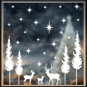 Christmas Window Stickers White Reindeer Pine Trees Stars PVC Static Cling Holiday Home Decor Wall Decals Silhouette Design