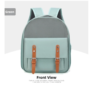 Detail of mint green pet carrier backpack with breathable mesh and stylish dual-buckle pocket