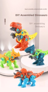 Close-up of colorful DIY assembly dinosaur blocks featuring visible blue screw joints