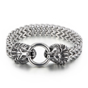 Punk style double lion head stainless steel woven chain bracelet for men in silver