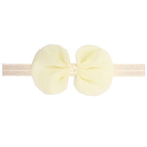 Detail of cream chiffon bow headband with elastic mesh strap for newborns and infants