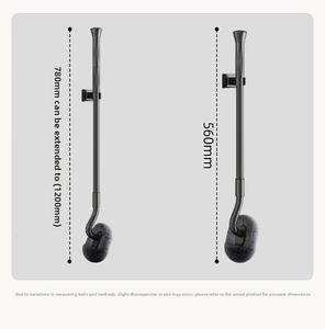 Detail of wall-mounted extendable toilet brush showing 560mm to 1200mm telescopic handle