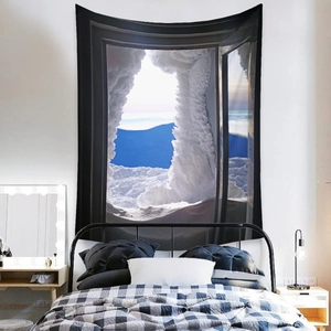 Detail view of snowy mountain window landscape tapestry on bedroom wall background