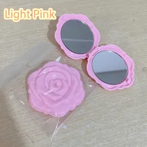 Light pink rose embossed folding compact double-sided makeup mirror for travel