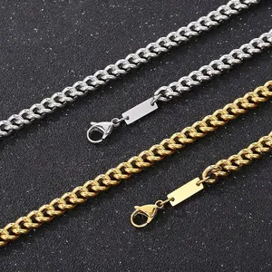 Men Stainless Steel Curb Chain Necklace And Bracelet With Rectangle Plate Minimalist Punk Fashion Jewelry