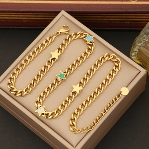 Golden stainless steel star necklaces with colorful malachite and blue stone pendants