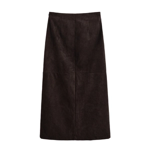 Hoch Taillierter Midi Rock Aus Wildlederimitat Einfarbig Seitenschlitz Bleistiftrock Streetwear Damen Sexy Braun