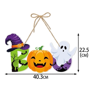 Detailed Halloween door hanger featuring BOO letters with wizard hat pumpkin and ghost