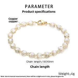 Detailed product specs for a gold heart and pearl copper bracelet, 190x6mm size