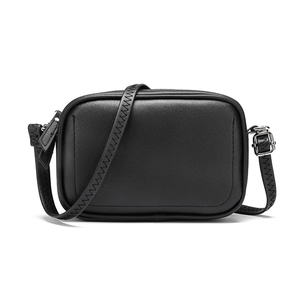 Minimalist black leather crossbody bag with sawtooth stitching and silver metal buckle