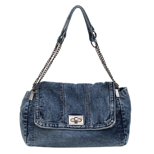Retro dark blue denim shoulder bag with silver chain strap and twist lock closure