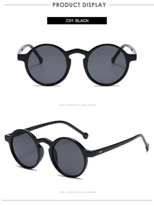Front and side view of classic retro round black sunglasses with metallic rivet detail
