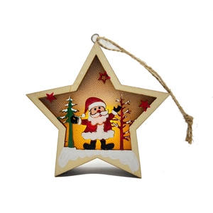 Star-shaped wooden Christmas lantern with LED light featuring Santa and tree