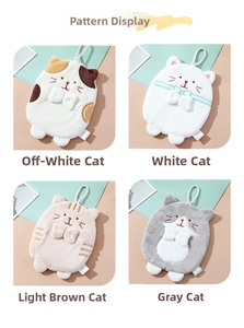 Detail view of four cute kitten-shaped hanging towels in microfiber coral velvet material